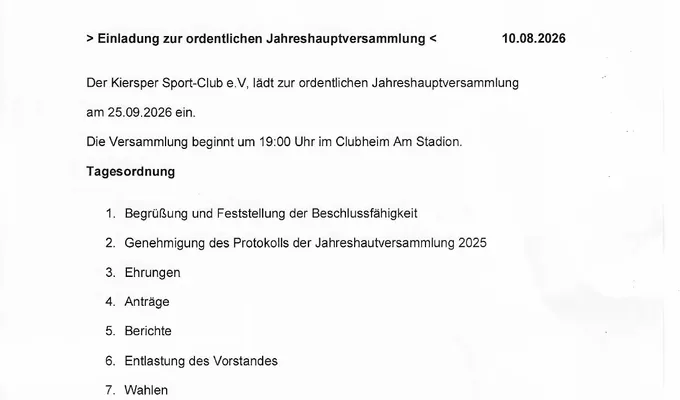 KSC lädt zur Jahreshauptversammlung ein